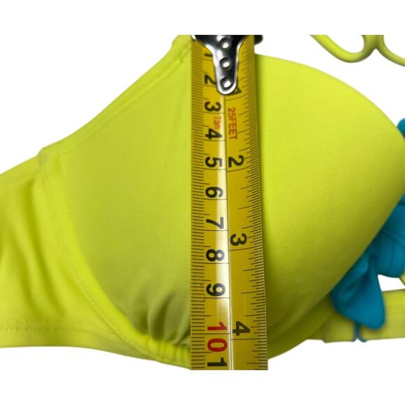 Aerie 34C Neon Yellow Swimwear Bikini Top Blue Bowtie Adjustable Halter Top - Picture 4 of 5